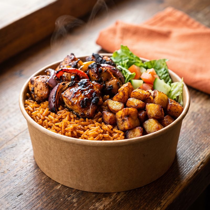 Afro Bowl: jollof rice, charcoal-grilled chicken with onions and peppers, fried plantain and salad