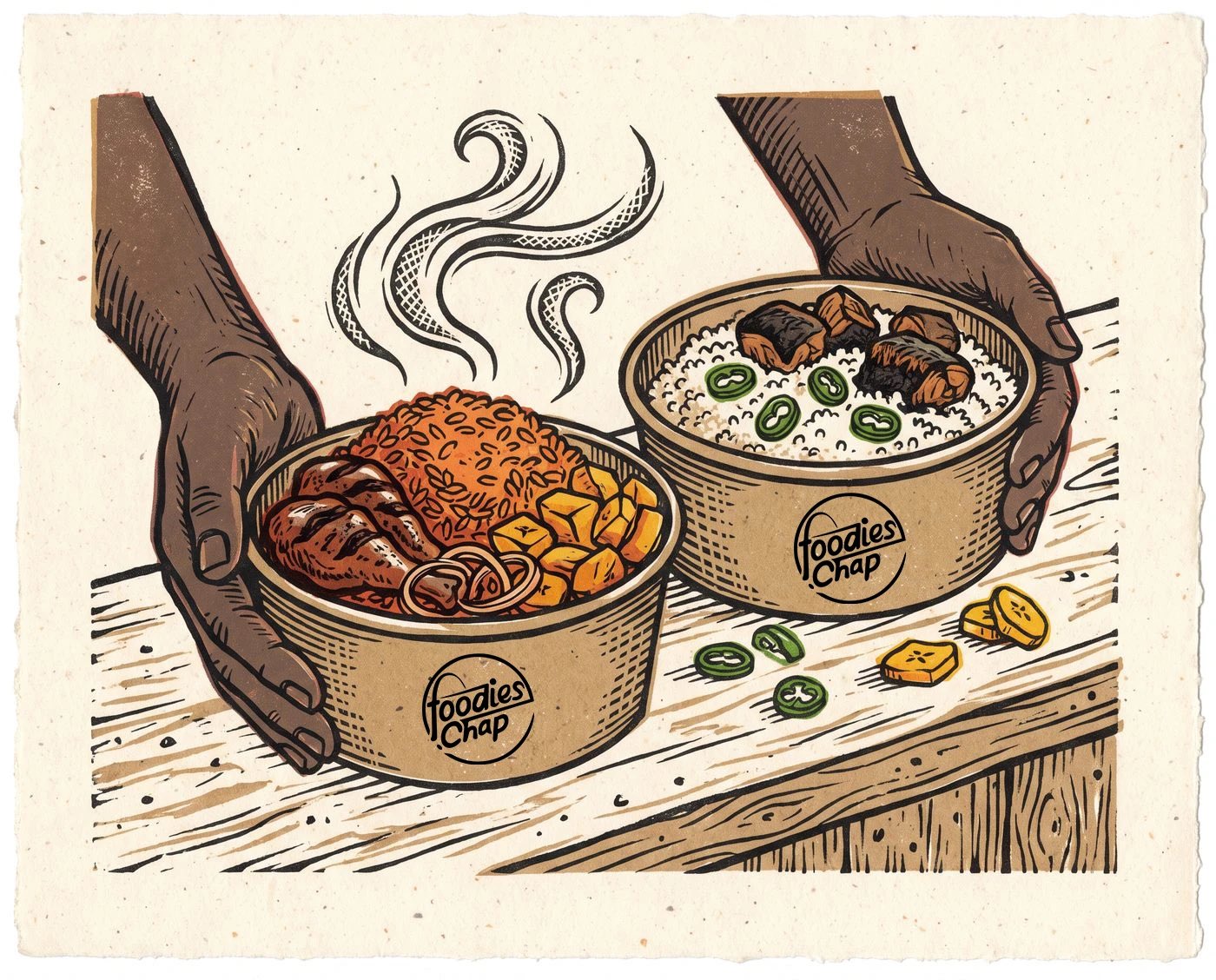 Linocut-style print of two hands sharing an Afro Bowl and a Garba bowl in kraft takeout bowls stamped with the Foodies Chap logo