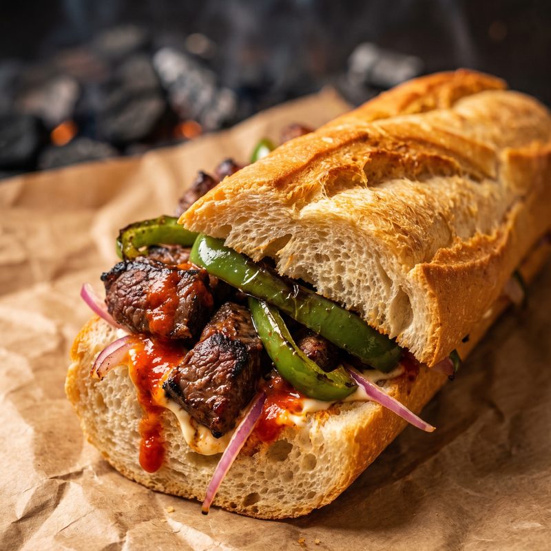 Pain brochette: baguette filled with grilled beef, green peppers, red onion, spicy sauce and mayo
