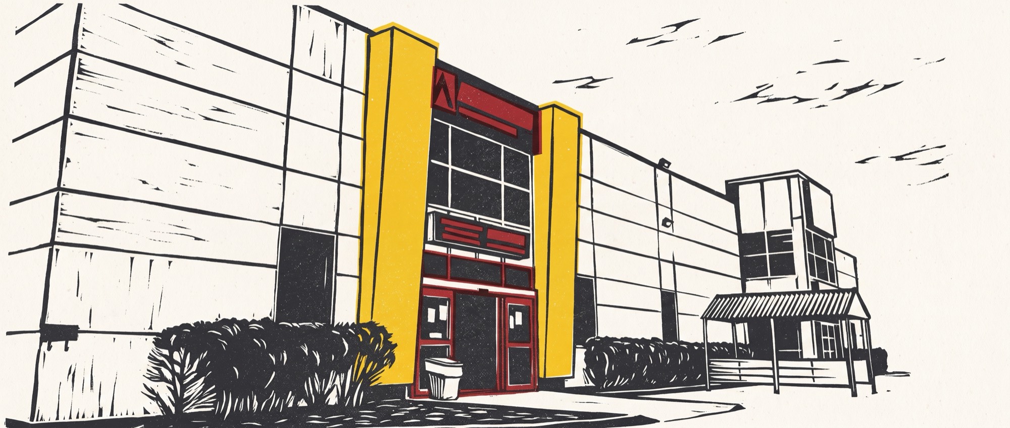 Linocut-style print of the Africa World Market storefront on Cyrville Road, with its two yellow pillars and red sign band