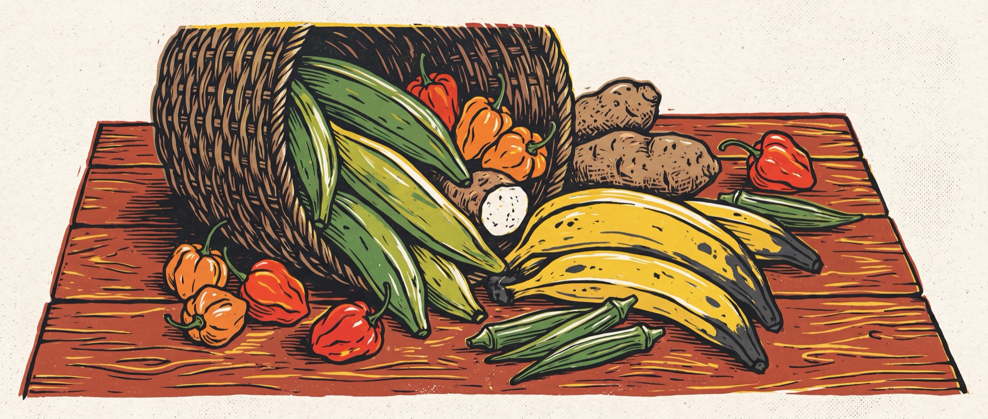 Linocut-style print of plantains, scotch bonnet peppers, yams and okra tumbling from a woven basket