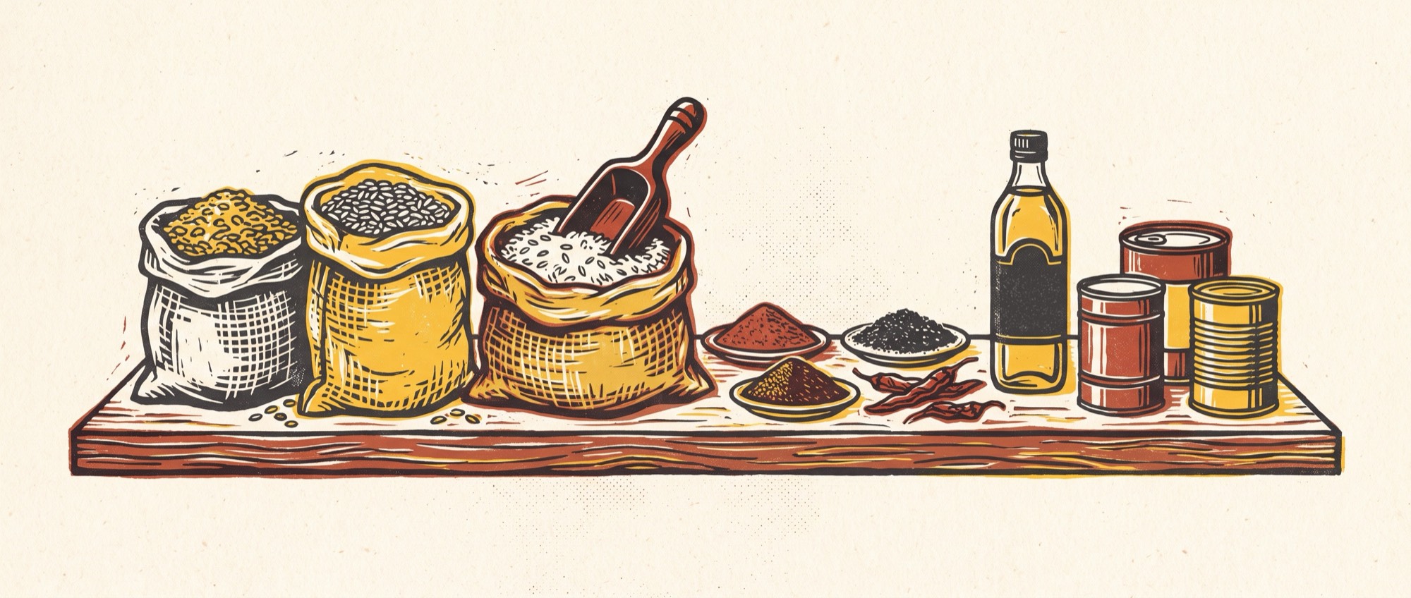 Linocut-style print of a pantry shelf with sacks of rice and grains, spices, dried chilies, a bottle of oil and tins