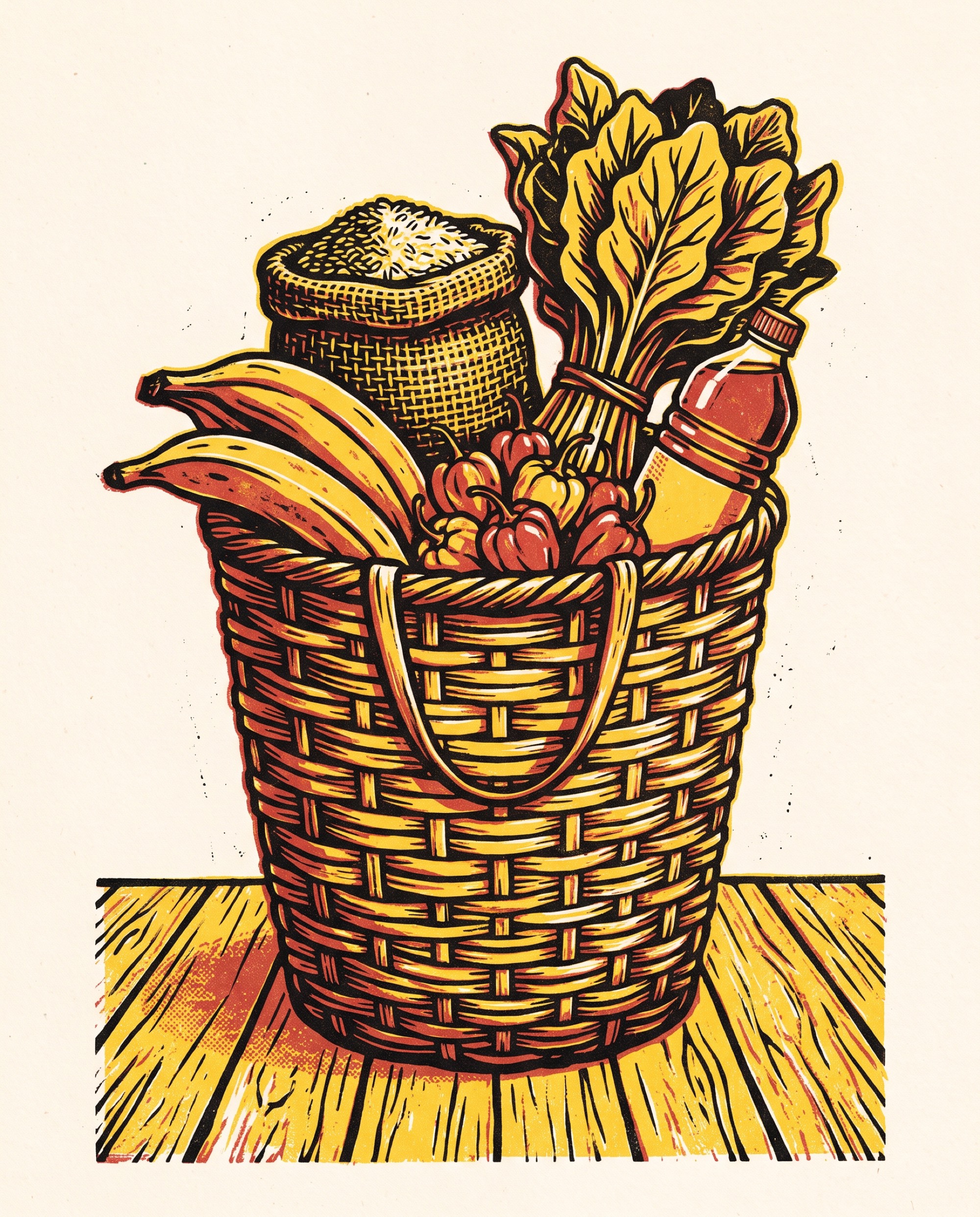 Linocut-style print of a woven market basket packed with plantains, a sack of rice, peppers, leafy greens and a bottle of oil