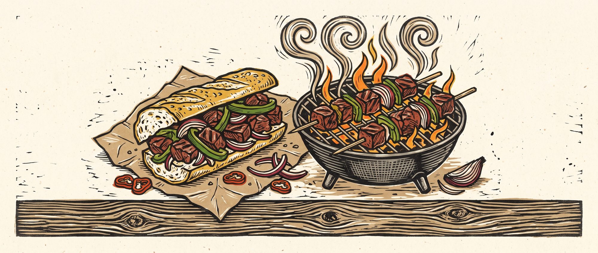 Linocut-style print of beef brochettes on a charcoal grill beside a pain brochette sandwich with peppers and onions
