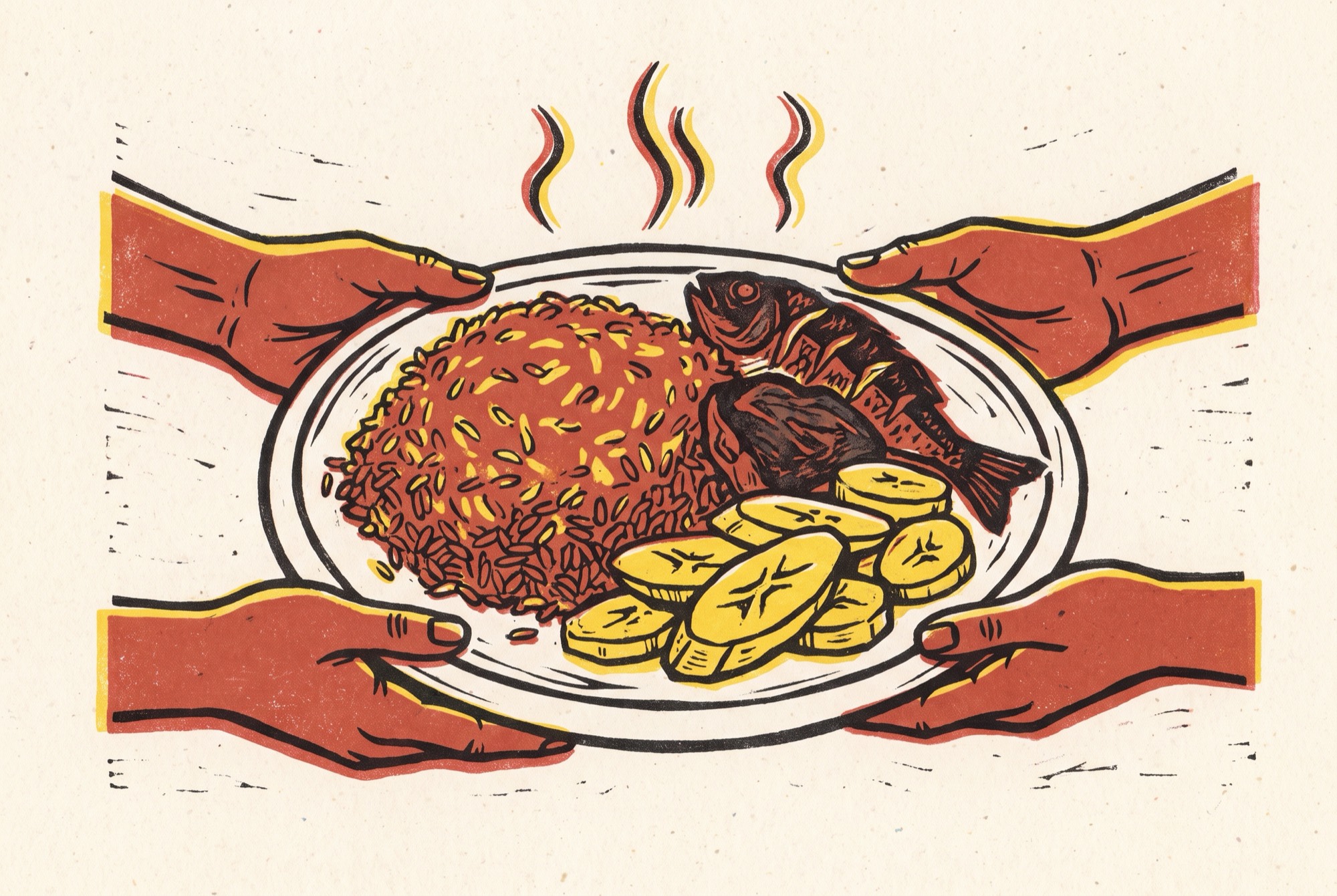 Linocut-style print of hands passing a shared platter of jollof rice, grilled fish and fried plantain