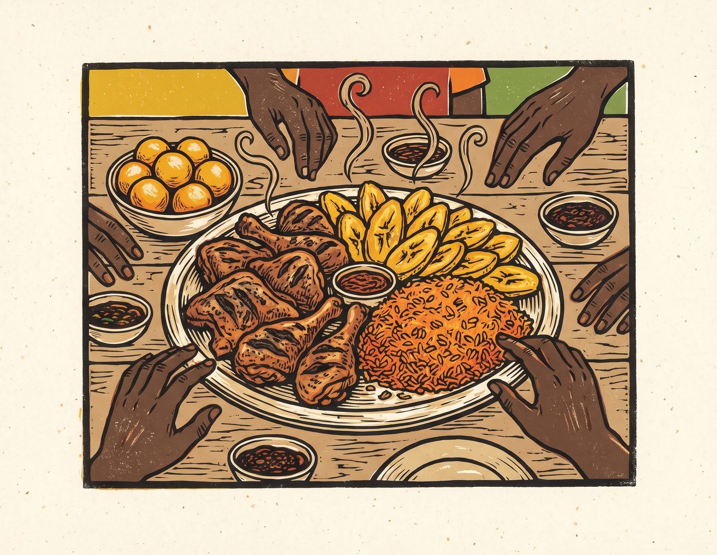 Estampe façon linogravure d'un grand plateau familial de poulet grillé, d'alloco et de riz partagé autour d'une table