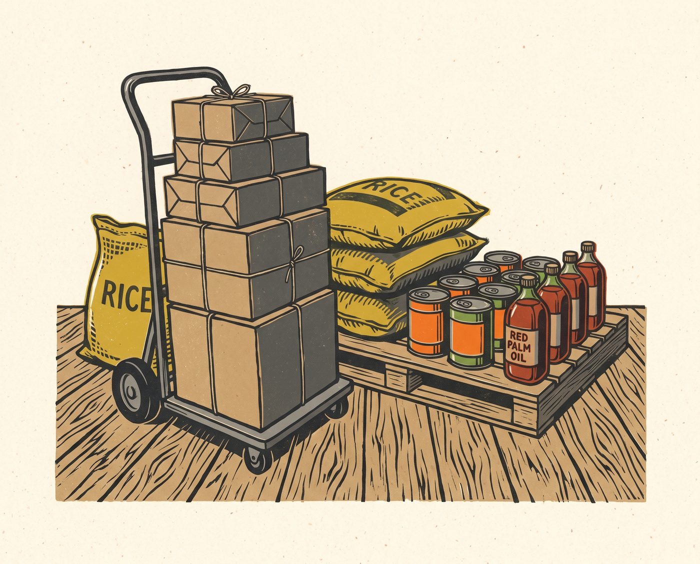 Linocut-style print of stacked cases, sacks of rice and tins ready for pickup